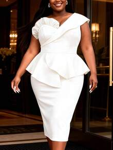 Plus Size Women Elegant White One-Shoulder Ruffle Hem Midi Fishtail Dress, Bodycon Cocktail Party Evening Gown Summer - 白色 - 查看 4