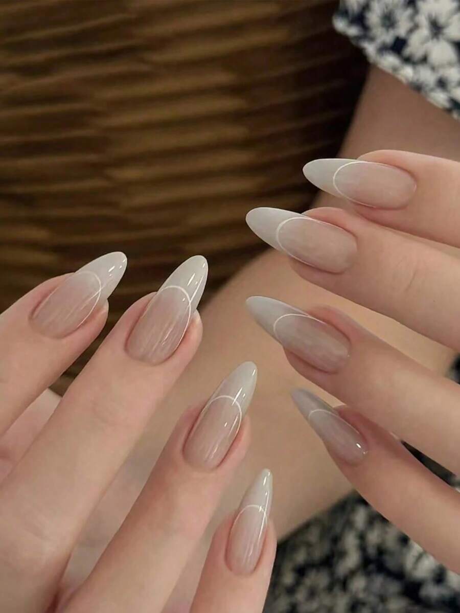 30pcs Nude Almond Shaped Press-On Nails, INS Style Milky White Ombre French Striped False Nails, Suitable For Girls And Ladies Daily Office Wear, Comes With 1 Sheet Double-Sided Adhesive And 1 Nail File - Multicolor - View 1