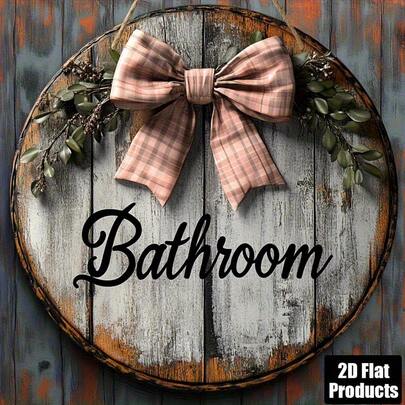 1pc 2D Flat - 2D Flat Wooden Round Sign Plaque With Rustic Bathroom Theme, Suitable For Decorating Bar, Kitchen, Cafe, Home And Office, Also As Holiday Gift, Size: 20.32 X 20.32 Cm, Pre-Drilled Holes As Shown In Size Chart