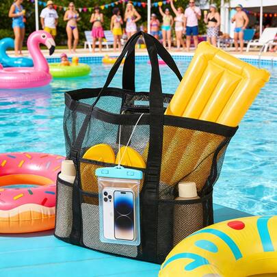 Benpen Large Mesh Beach Bag For Women, Pool Tote With Zipper Waterproof Pocket, Summer Travel Shoulder Bag For Picnic, Gym & Shopping