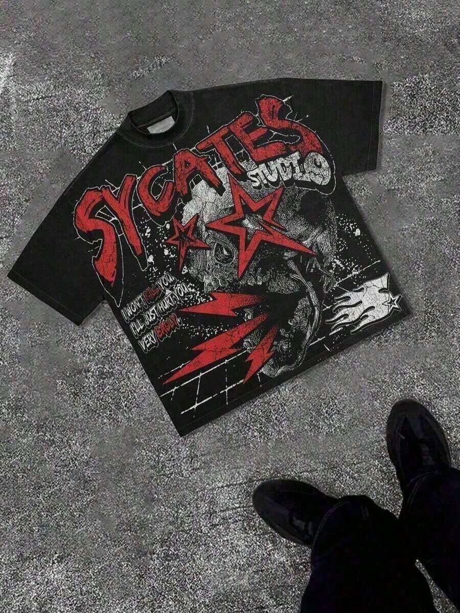 Grunge Revival Essential - Contrast Red/White Graphics With Edgy GAGADO Detail | 100% CottonComfortable Pullover SweatshirtNew Casual T-Shirts - 黑色 - 查看 1