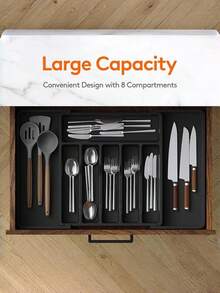 1pc Large Kitchen Utensil Organizer Rack With Expandable Drawer, Adjustable Cutlery Tray Holder For Storing Knives, Forks, Spoons And Spatulas - Multicolor - View 3
