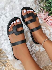 女士夏季新款简约平底凉鞋，时尚休闲百搭，适合日常通勤穿着 - 黑色 - 查看 2