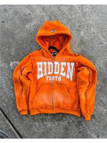 Men's & Women's High Street Retro Hooded Zipper Sweatshirt, Loose Casual Cardigan Jacket Top - 橘紅色 - 查看 2