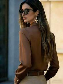 Blus Wanita Elegan untuk Perjalanan Sehari-hari, Warna Polos, Kerah Berkerut, Leher Berikat, Musim Semi - Coffee Brown - View 3