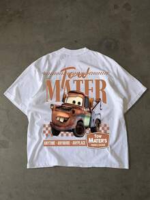 Disney-American Retro Vintage | "Cars" Itachi Tow Mater Printed Heavy Duty Short Sleeve T-Shirt For Men And Women, Loose Shoulder Half Sleeve Top - 白色 - 查看 3