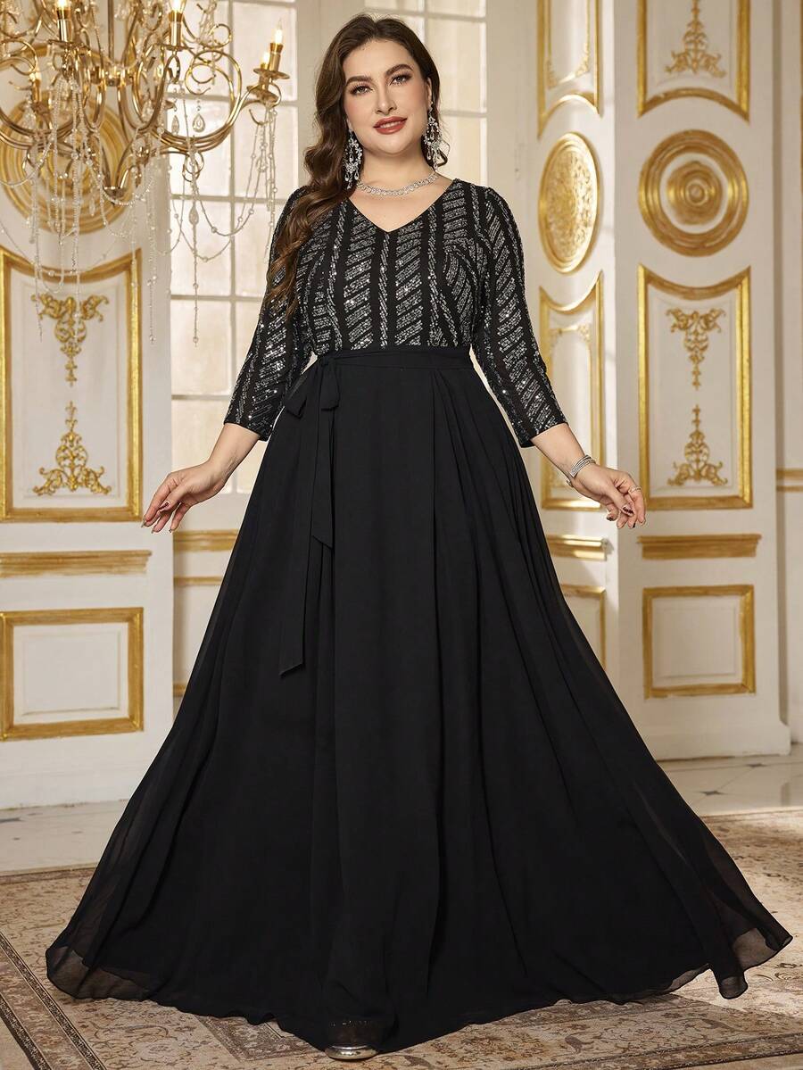 UNITHORSE UNITHORSE Plus Đầm dạ hội thanh lịch tay thẳng eo thon đính sequin bằng chiffon dành cho nữ, thích hợp làm đầm dự tiệc, đầm cô dâu, đầm sinh nhật, đầm tốt nghiệp. - màu đen - Xem 1