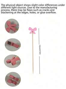10/100pcs Pink Bow Toothpicks, Elegant Pink Bow Cocktail Picks, Bamboo Toothpicks, Suitable For Birthday Party Supplies, Can Be Used For Drinks, Appetizers, Baking, Wedding Desserts, Parties, Cakes And Cupcake Decorations, And Party Foods - Multicolor - View 10