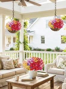 12束仿真室内外装饰花卉，假花假草，适用于室内外花园、阳台、窗台、家居、婚礼、农舍等场所。户外仿真花，不褪色塑料花，悬挂式花盆，厨房家居花瓶装饰，室内外仿真花卉假草，丝绸般质感的户外门廊悬挂式花盆，窗台，花园春季装饰 - 彩色 - 查看 4