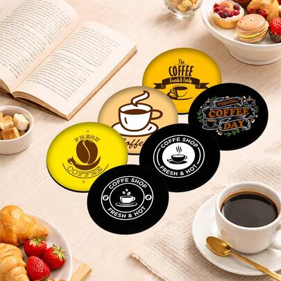 6pcs Coffee Pattern Coaster Set, Tea Cup Mat, Water Cup Pad, Wine Glass Coaster, Coffee Cup Mat, Round Absorbent Silica Gel Coaster Set, Coffee Bar & Kitchen Accessories, Suitable For Home Decor, Party And Tableware Gifts, All Season Home Decor