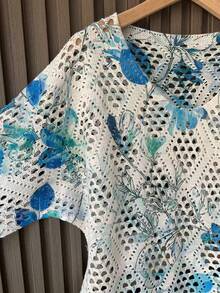 女士镂空花卉图案针织毛衣，春夏款 - 藍色 - 查看 4