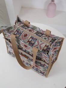 New Thick Knit Jacquard Fabric Handbag, Large Capacity Portable Lunch Box Storage Bag, Bento Bag, Lunch Bag, Suitable For Office Lunch, Outdoor Picnic, Lunch Box Storage, Aluminum Foil Insulation Layer Inside, Zipper Pocket In Front - Beige - View 5