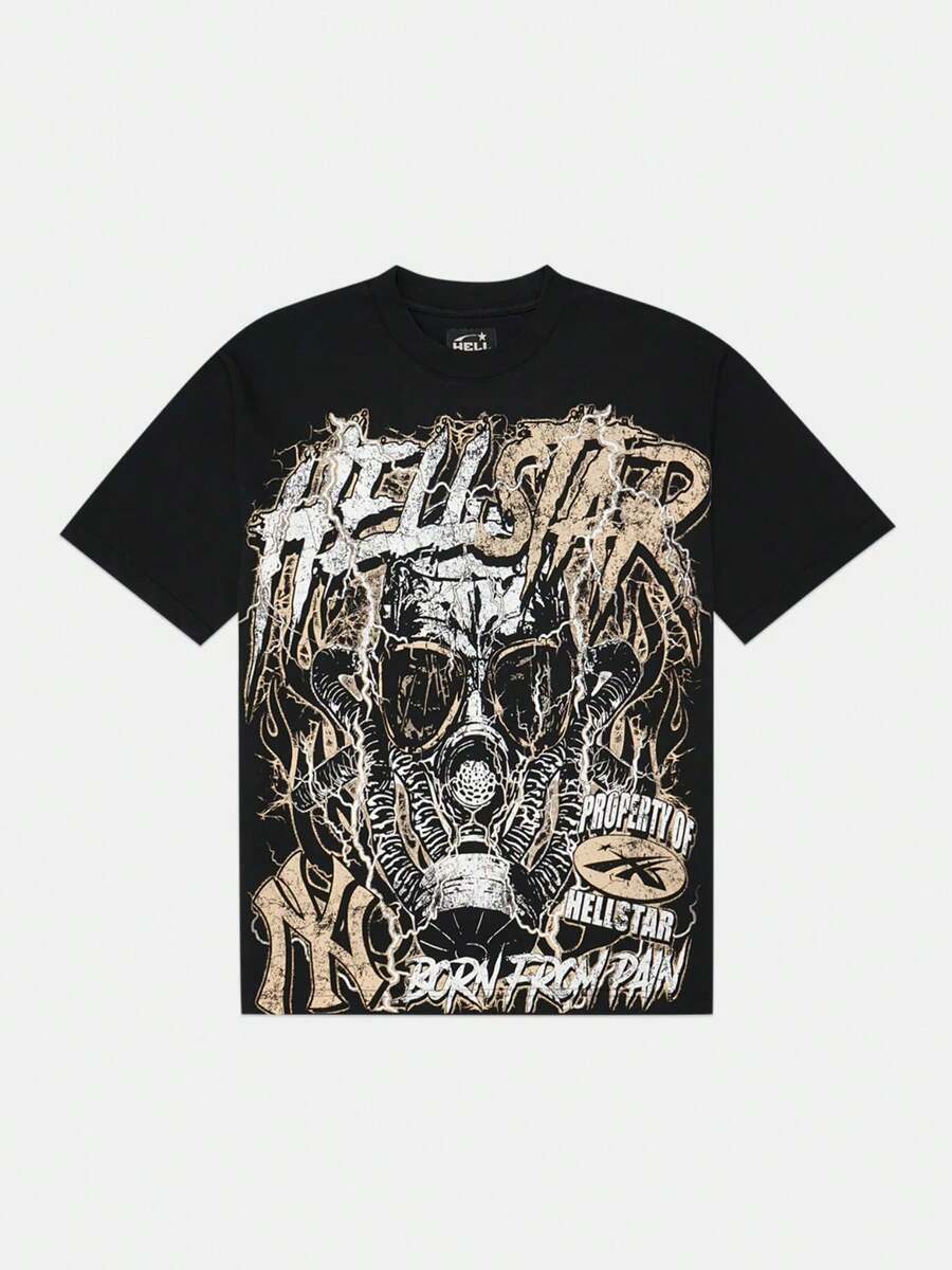Plus Size Hellstars Born From Pain Gas Mask Y2K Graphic T-Shirt,220g 100% Cotton,Round Neck Short Sleeve,Black Streetwear Essential For Summer Going Out,Unisex Style - 黑色 - 查看 1