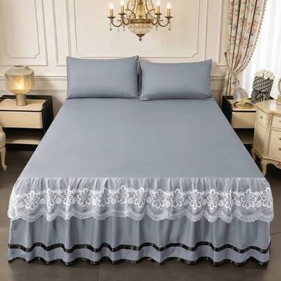 1pc New Soft Brushed Solid Color Bed Skirt (With Lace Trim), Moisture-Wicking, Wrinkle-Resistant, All Season, Fashionable & Economical Bedding For Bedroom & Hotel