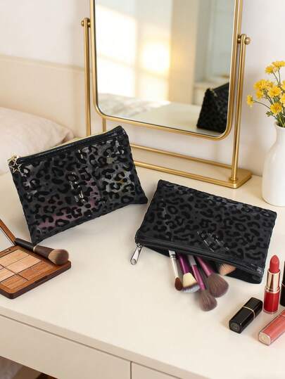 2pcs Classic Multi-Scenario Portable Chic Leopard Print Mesh Cosmetic Bag, See-Through Zipper Clutch, Makeup Storage Pouch, Pencil Case, Coin Purse