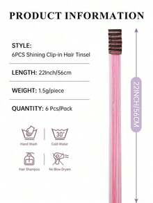 Hair Tinsel Kit Glitter Hair Tinsel Clip In Sparkling Shiny Fairy Hair Tinsel Hair Extensions For Halloween Christmas Party 22 Inch Pink 6PCS/PACK - 粉色 - 查看 5