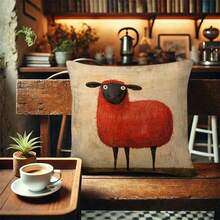 1件复古做旧红色绵羊装饰枕套，异想天开的油画风格涤纶靠垫套，客厅沙发装饰枕套，轻盈涤纶单面印花，不含枕芯，45*45厘米 - 亮橙色 - 查看 1