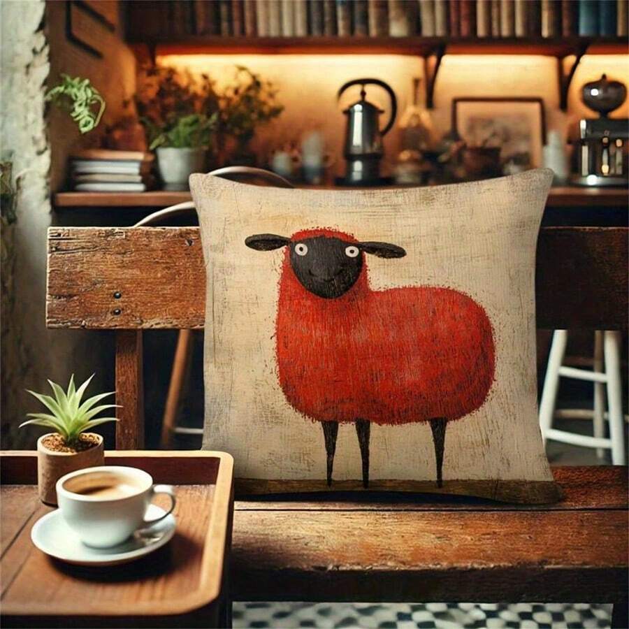 1件复古做旧红色绵羊装饰枕套，异想天开的油画风格涤纶靠垫套，客厅沙发装饰枕套，轻盈涤纶单面印花，不含枕芯，45*45厘米 - 亮橙色 - 查看 1