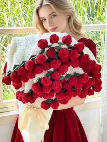 1pc Elegant Rose Floral Throw Blanket - Soft Knitted Texture, Lined, Pink/Red Bouquet Design, Machine Washable, Outdoor/Indoor Shawl/Blanket, Suitable For Camping, Picnic, Home Decor - Luxury Gift For Women, Perfect For Valentine's Day, Housewarming - Cozy Rose Petal Knitted Blanket, Versatile Use For Garden Decor And Picnics - Multicolor - View 2
