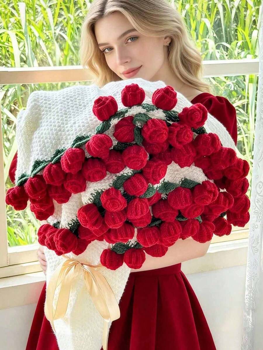 1pc Elegant Rose Floral Throw Blanket - Soft Knitted Texture, Lined, Pink/Red Bouquet Design, Machine Washable, Outdoor/Indoor Shawl/Blanket, Suitable For Camping, Picnic, Home Decor - Luxury Gift For Women, Perfect For Valentine's Day, Housewarming - Cozy Rose Petal Knitted Blanket, Versatile Use For Garden Decor And Picnics