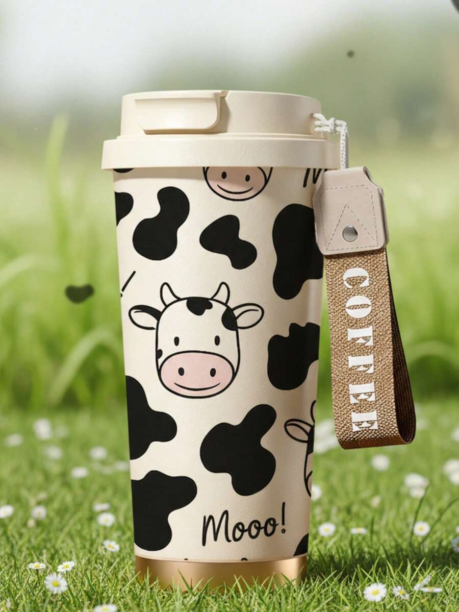 1个/18盎司可爱奶牛花卉图案保温杯，带挂绳 - 保温12小时，保冷24小时 - 防漏可重复使用，适合办公室、学校和野餐 - 时尚可爱，是送给女性和女孩的理想礼物 - 彩色 - 查看 1