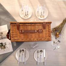 Cesta de picnic de mimbre para 4 personas con manta de picnic impermeable compartimento grande con aislamiento bolsa de vino juego de cubiertos para camping viajes de día playa senderismo - Marrón - Ver 7