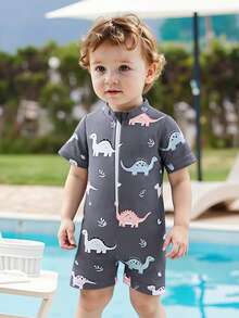 婴儿/男童连体泳衣，可爱恐龙印花泳装，适合海滩、泳池、度假 - 深灰色 - 查看 1