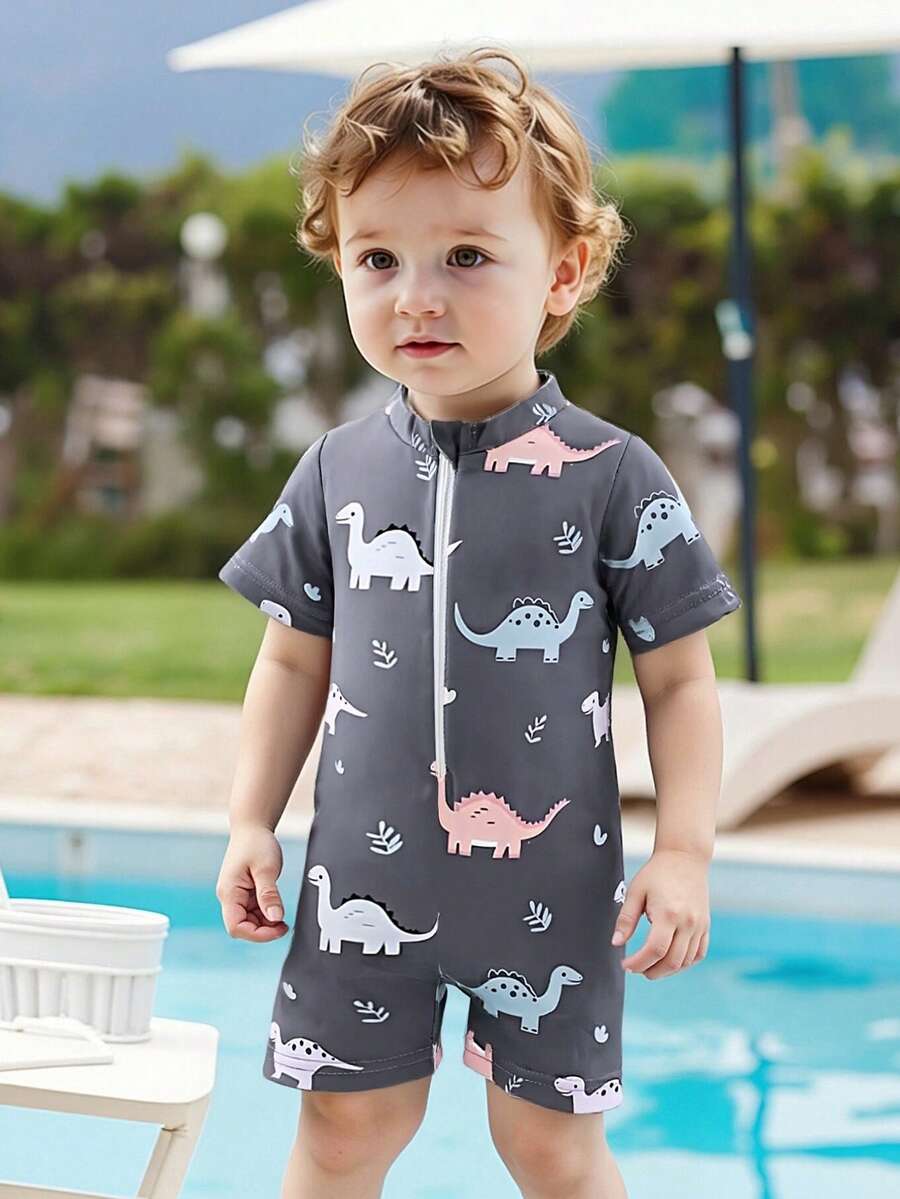婴儿/男童连体泳衣，可爱恐龙印花泳装，适合海滩、泳池、度假 - 深灰色 - 查看 1