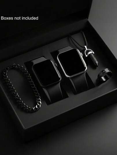 Bộ 4/1 đồng hồ nam thời trang, đơn giản, màn hình LED kỹ thuật số điện tử kèm mặt dây chuyền, vòng tay, nhẫn, thích hợp cho nam giới đeo hàng ngày, quà tặng sinh nhật/ngày lễ, kỳ nghỉ, du lịch, trang trí tựu trường, quà tặng hoàn hảo cho Ngày của Cha/Ngày của Mẹ.