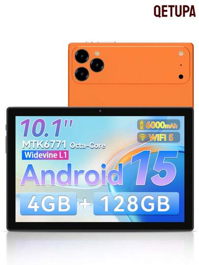 Qetupa 10-Inch Android Tablet, Android 15 OS, Octa-Core Processor, 4GB RAM 128GB ROM Expandable To 1TB, 1280x800 HD Display, 5G+2.4G Dual-Band WiFi, Bluetooth 5.2, 5MP Front Camera + 13MP Rear Camera, 6000mAh Battery, 802.11ac WiFi, Bluetooth 5.2, GPS, Suitable For Reading And Gaming