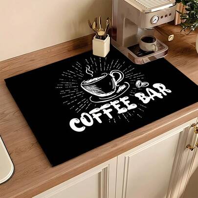 1pc Black & White Coffee Pattern Absorbent Drying Mat, Kitchen Decor Coffee Machine Mat, Handmade Coffee Pot Draining Pad, Kitchen Floor Mat, Dining Table Mat, Kitchen Counter Bowl Drying Mat, Breakfast Mat, Anti-Slip Heat-Resistant Draining Mat, Diatomite Draining Mat, Hides Stains, Super Absorbent Kitchen Mat, Easy To Clean Dish Rack Mat, Suitable For Kitchen, Dining Table, Coffee Shop, Bar, Holiday, Party, Home Decor, Holiday Gift