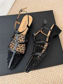 编织美学 - 复古时尚镂空网面鞋，尖头粗跟细带平底凉鞋，女士款 - 黑色 - 查看 2