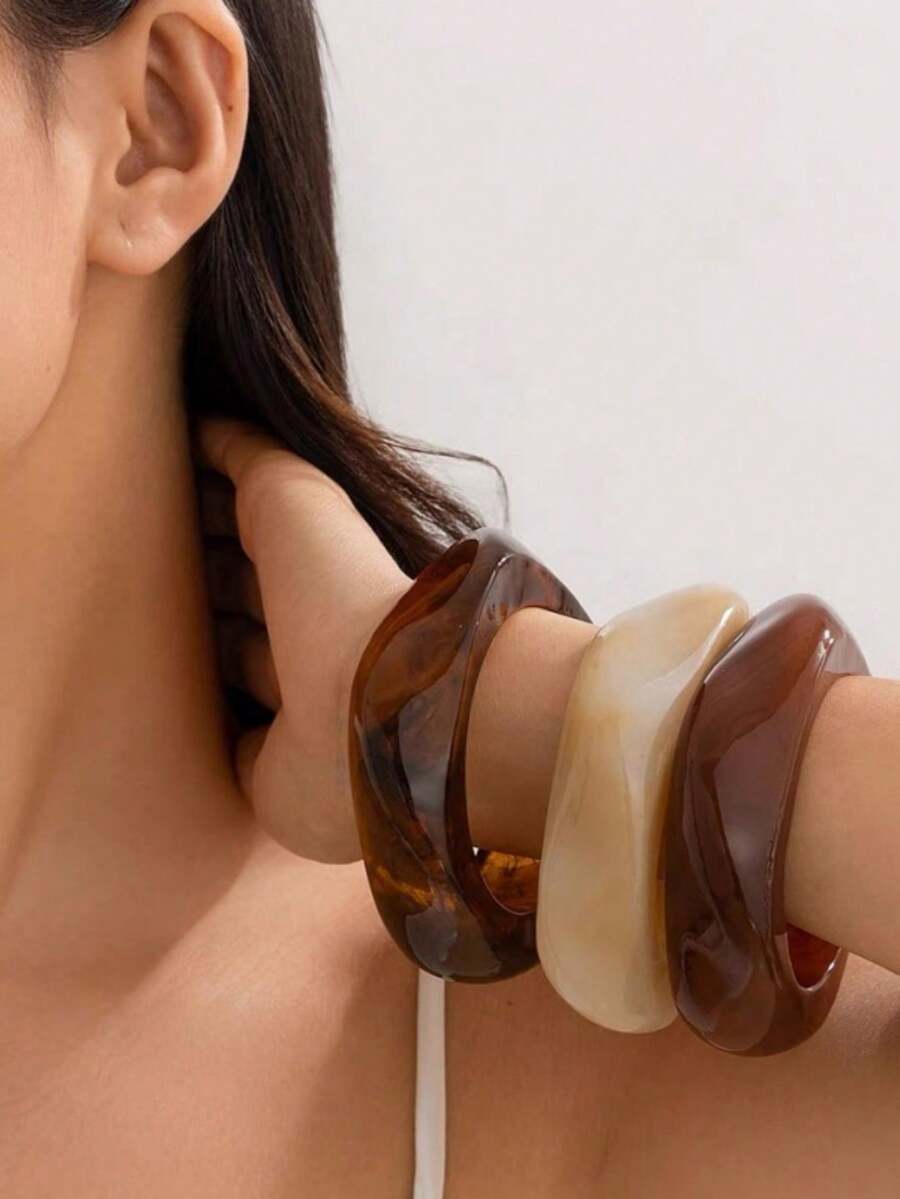 3pcs Asymmetrical Resin Semi-Transparent Bracelet Set, Personalized Versatile (Handmade With Slight Surface Marks)