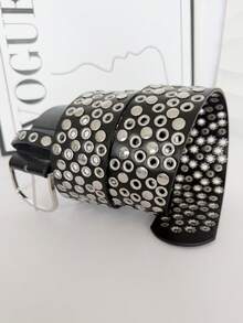 Y2K brett bälte, sexigt punkrock gatustil metallnitdekor konstläderbälte höst, höst, halloween - Svart - Visa 6