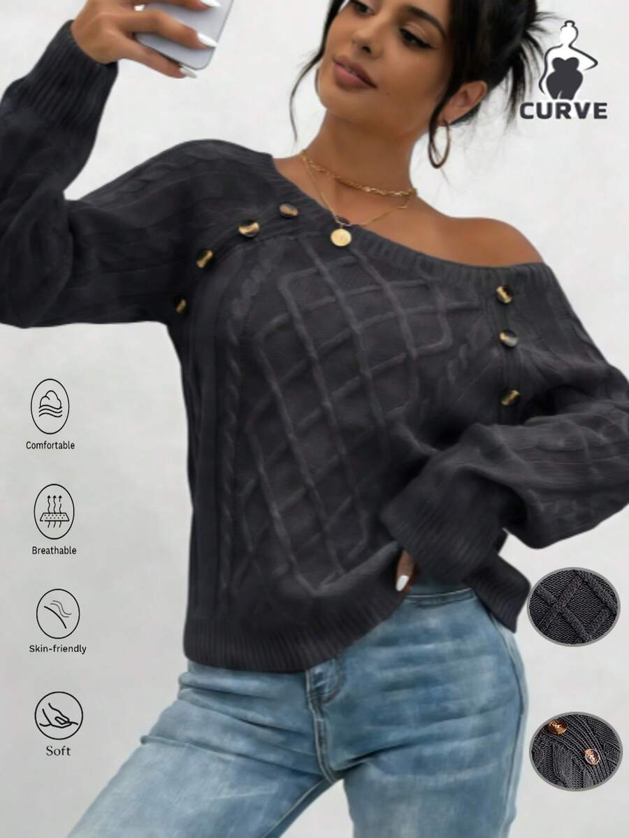 Elegant And Casual Square-Neck Sweater With Decorative Buttons - Soft Brown Machine-Washable Long-Sleeve Knitted Sweater, Warm And Comfortable Top For Autumn And Winter; Women's Autumn And Winter Casual Round-Neck Long-Sleeve Pullover Sweater - Olive Green With Diamond Pattern And Decorative Buttons, Comfortable, Warm And Well-Fitting Style, Fashionable Fabric; Casual Square-Neck Button Cable-Knit Pullover Sweater, Women's Long-Sleeve Top - 黑色 - 查看 1