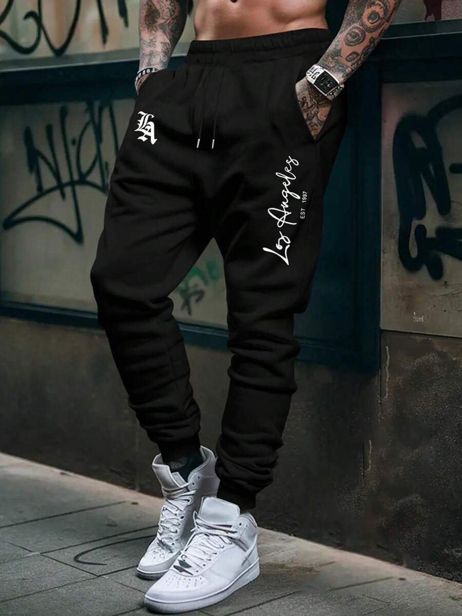 Los Angeles LA Men's Casual Sweatpants With Pocket, Flannel, Regular Fit, And Drawstring - 黑色 - 查看 1