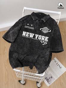Tricou polo bărbătesc de vară, stil stradal, cu grafică New York, elastic, spălat, aspect vintage, cu guler, închidere cu nasturi, top negru, tricou polo casual de zi cu zi - Negru - Vizualizare 1