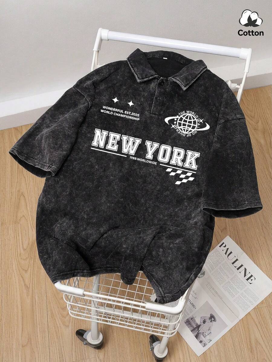 Tricou polo bărbătesc de vară, stil stradal, cu grafică New York, elastic, spălat, aspect vintage, cu guler, închidere cu nasturi, top negru, tricou polo casual de zi cu zi - Negru - Vizualizare 1