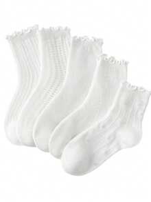 5 Pairs Children's Socks, Summer Mesh Breathable Comfortable Soft White Ruffle Edge Girls Socks, Cute Black & White Butterfly Kids Socks - White - View 4