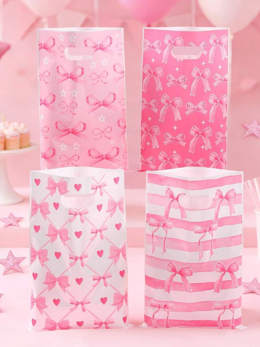 10/25/50pcs Pink Bow Gift Bags, Candy Bags With Cute Pink Bow Design, Suitable For Birthday Party, Wedding, Baby Shower, Boy Or Girl Party Favors, Newborn Party Decorations, Party Table Decor, Gender Reveal, Baby Shower, 1st Birthday, Blue & Pink Bear Decor, Party Bag Fillers, Wedding Decorations