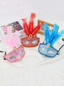 1pc Glitter Feather Masquerade Mask, Sexy Party Festival Makeup Costume Feather Eye Mask For Women - Multicolor - View 1