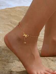 1pc Minimalist Butterfly Rhinestone Anklet, Niche High-End Fashion Jewelry, Suitable For Beach And Commute - Gold - View 2