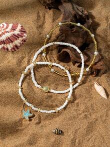 Bộ 3 vòng chân mặt dây chuyền nhiều lớp hình ngọc trai, vỏ sò, sao biển, thích hợp cho cả nam và nữ, phù hợp đeo hàng ngày vào mùa hè, đi biển hoặc đi nghỉ mát. - Nhiều màu - Xem 2