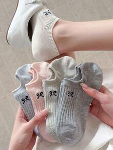 5 pares de calcetines de tobillo sólidos con lazo bordado lindo para mujeres, calcetines invisibles antideslizantes para uso diario, adecuados para todas las estaciones, entrega de colores aleatorios - Multicolor - Ver 3