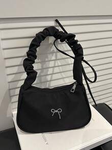 可爱褶皱手提包，高品质蝴蝶结单肩包，女士通勤腋下包 - 黑色 - 查看 1