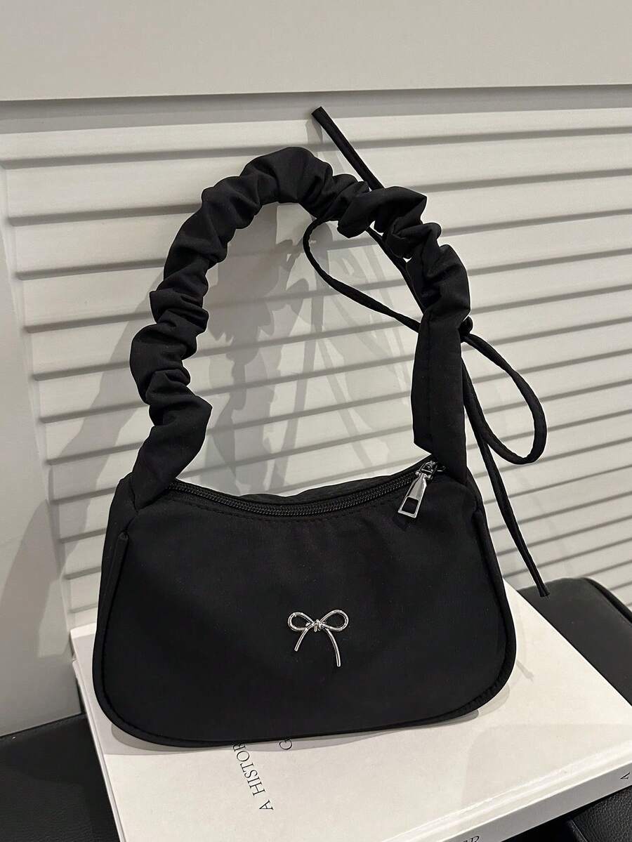 可爱褶皱手提包，高品质蝴蝶结单肩包，女士通勤腋下包 - 黑色 - 查看 1