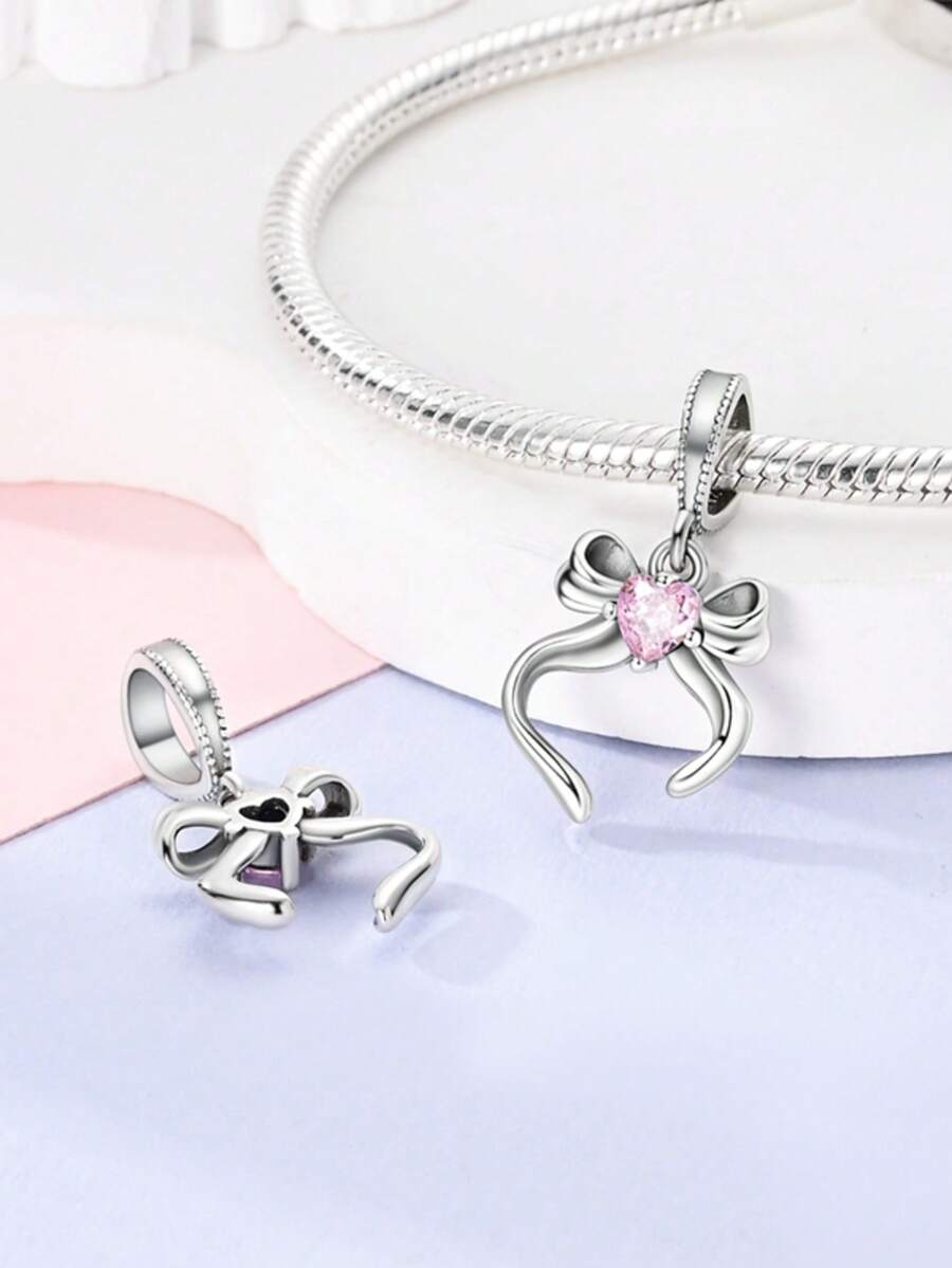 1pc Silver-Plated Pink Bowknot & Heart Cubic Zirconia Pendant Bead, Suitable For DIY Women Bracelet, Cubic Zirconia Pendant, Valentine's Day Gift - Pendants - View 1