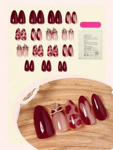 30片中长杏仁形蝴蝶结设计假指甲，混色，包含果冻胶和指甲锉，亮面，女士美甲装饰 - 彩色 - 查看 2