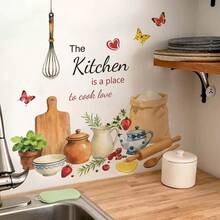 1pc Kitchen & Home Decor Sticker, Butterfly, Flower, Vegetable, Kitchen Utensils, Self-Adhesive Wall Decal, Suitable For Kitchen, Dining Room, Coffee, Bread Decoration - Multicolor - View 4