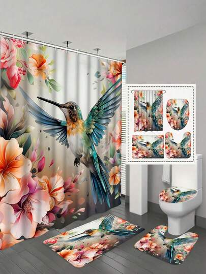 Bộ 4 rèm tắm hình chim ruồi và hoa, họa tiết chim và hoa đẹp mắt, lông vũ, hoa hồng nở rộ, kiểu dáng hiện đại, thích hợp trang trí phòng tắm gia đình, kèm móc treo.